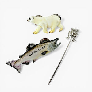 Vintage Hand Painted Wildlife Pins Polar Bear Salmon Nanook Lodge Pewter Fishing